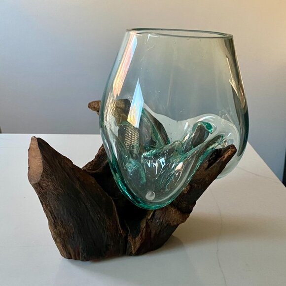 Handmade Art Glass Wood Vase Blown Molten Glass Bowl Teak Base Terrarium NEW - Picture 1 of 16